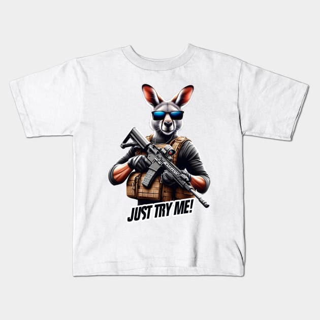 Tactical Kangaroo Adventure Tee: Where Playfulness Meets Precision Kids T-Shirt by Rawlifegraphic